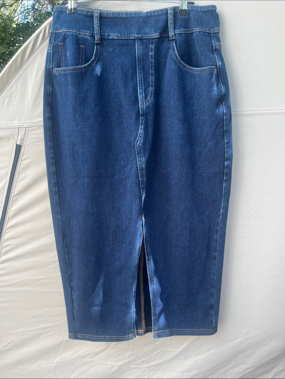 HALARA Deep Indigo Denim Pencil Skirt with Center Front Slit